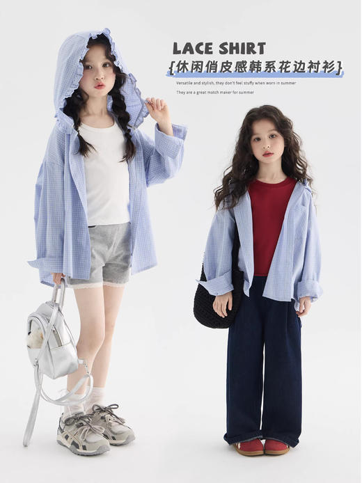 一眼心动❗🌼早春必备夏季也可当防晒👒【吉米故事蓝格子花边衬衫+背心两件套装】娃们少不了的衬衫搭配 ，百搭，学校很多活动都要求穿，清爽干净太好看了～ 商品图0