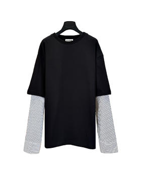 中性款假两件长袖T恤he