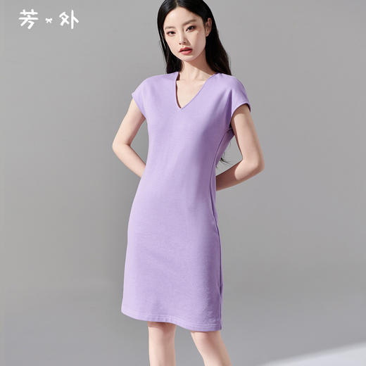 剩S/M/XL 芳外春季新款知性优雅紫色连衣裙气质v领收腰显瘦中长裙0034 商品图0
