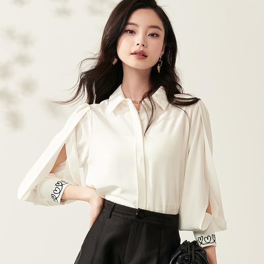 剩 米思阳新款气质职业镂空袖衬衣宽松白色翻领衬衫上衣女8T23AC0214 商品图2