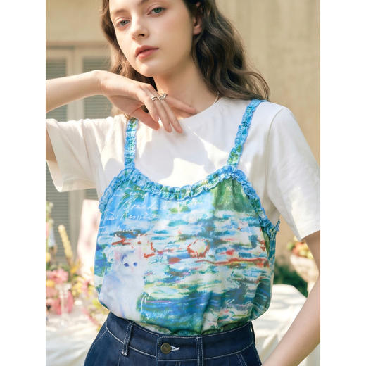 两三事 街角晴光 2026春季新款小清新印花拼接假两件短袖t恤女 商品图2