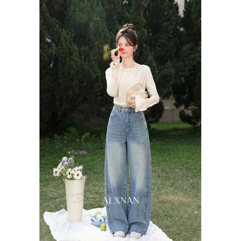 鹿向南「左岸之语」蓝色高腰显瘦阔腿牛仔裤女春新款拼接工装长裤