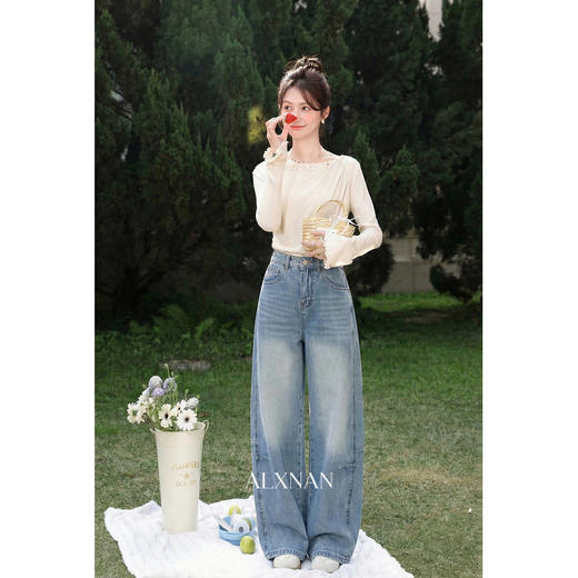 鹿向南「左岸之语」蓝色高腰显瘦阔腿牛仔裤女春新款拼接工装长裤 商品图0