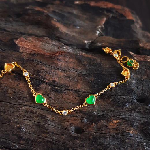 【天然正品】A货翡翠AU750黄金镶钻镶天然细腻满绿冰种心形翡翠手链18CM（皆取最大值）030326NJT15 商品图5