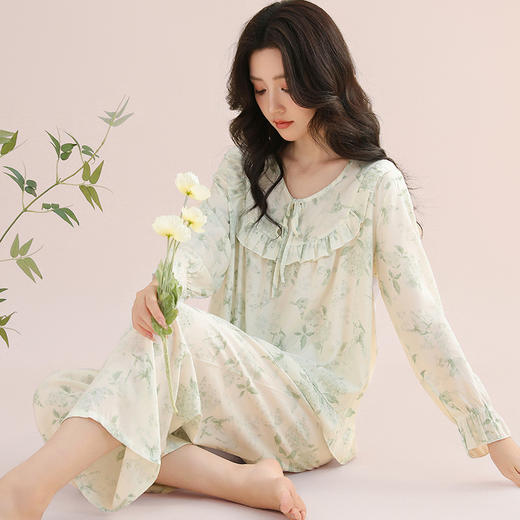 【舒适柔软❗亲肤透气】女士绵绸睡衣透气健康宽松双长款套装系带绳花边款家居服柔软舒适。rh 商品图3