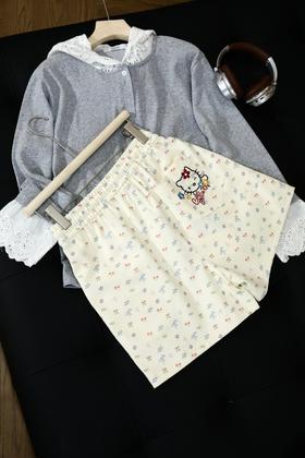 春日限定・奶油碎花蝴蝶结刺绣 Kitty 短裤