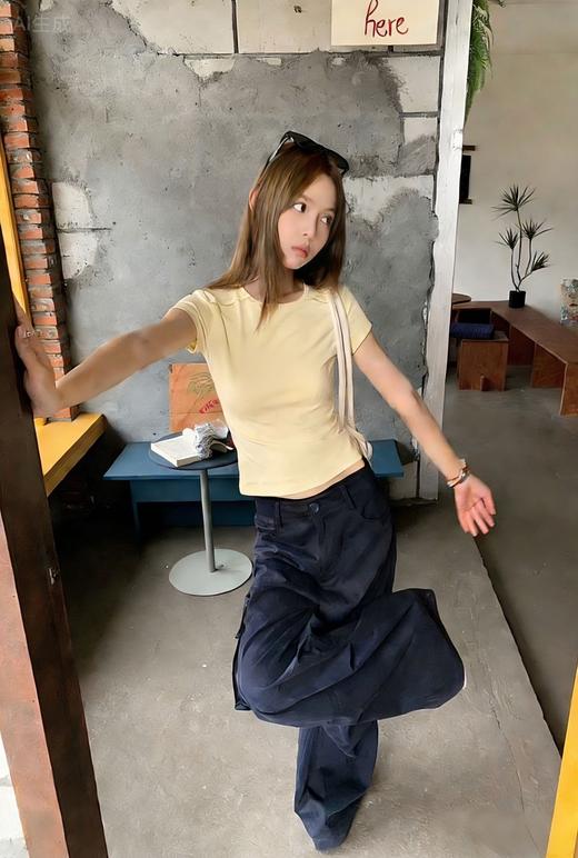 韩国单~简约经典拼接纯色过肩T恤 商品图6