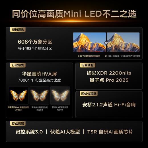 TCL电视 65T7L 65英寸 QD-Mini LED 华星高阶HVA屏 万象分区 绚彩XDR 2200nits 超薄电视 商品图1