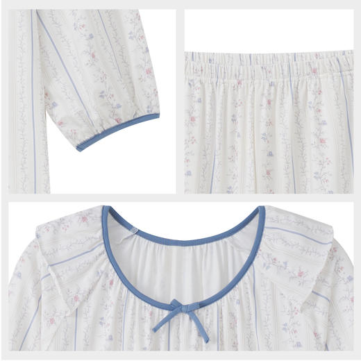 【7.5折限时特惠】【秀黛】女圆领印花长袖套装棉拉架柔软亲肤透气清新竖条纹田园小碎花开衫休闲女士春秋睡衣家居服W1551002T【门店同款】 商品图4