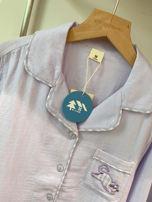 松植屋《格纹猫》女士全棉双层纱布长袖长裤睡衣套装 商品图7