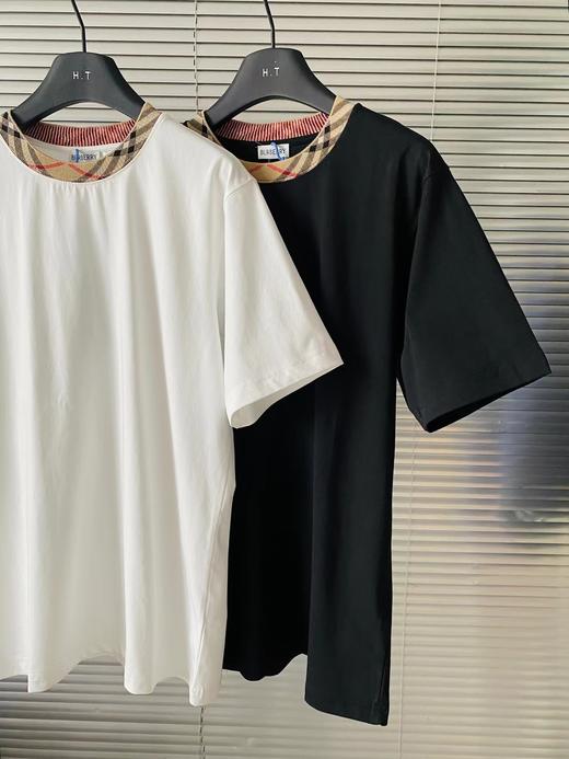 F031264简约基础款tee领口格纹撞色圆领休闲正肩短袖 商品图1