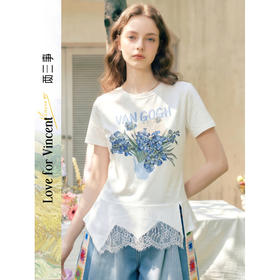 两三事梵高文艺心事晴朗2026春新款印花蕾丝拼接不规则下摆t恤女