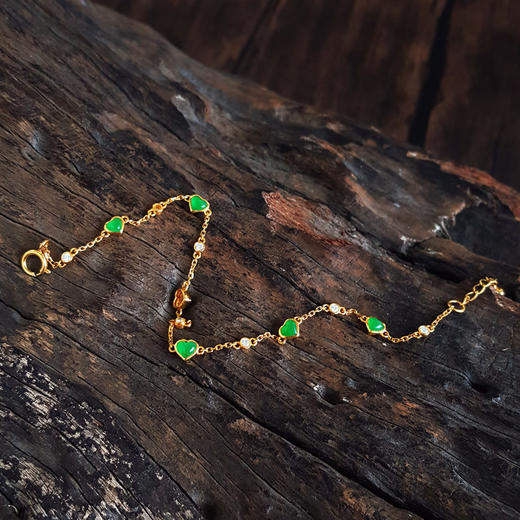 【天然正品】A货翡翠AU750黄金镶钻镶天然细腻满绿冰种心形翡翠手链18CM（皆取最大值）030326NJT15 商品图2