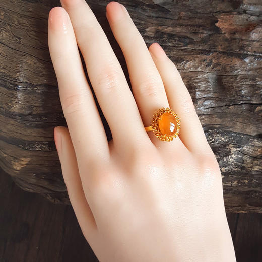 【天然正品】A货翡翠AU750黄金镶天然太阳花造型细腻冰种蛋面黄翡翡翠戒指15.5号（戒圈可改）020326NJ26 商品图6