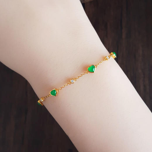 【天然正品】A货翡翠AU750黄金镶钻镶天然细腻满绿冰种心形翡翠手链18CM（皆取最大值）030326NJT15 商品图6