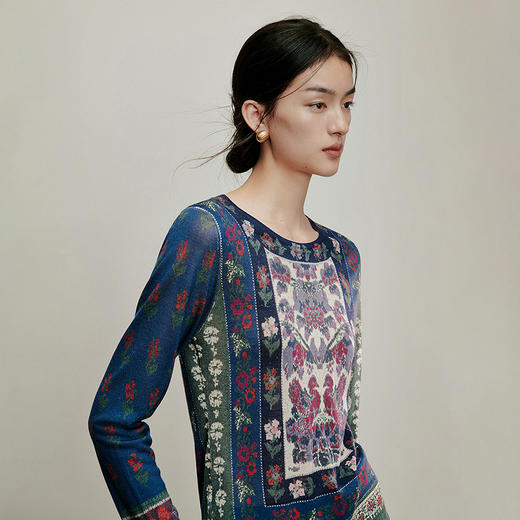 【林栖设计小店】古画复现|绵羊毛复古印花优雅修身显瘦2026春新款毛衣T1961395 商品图1