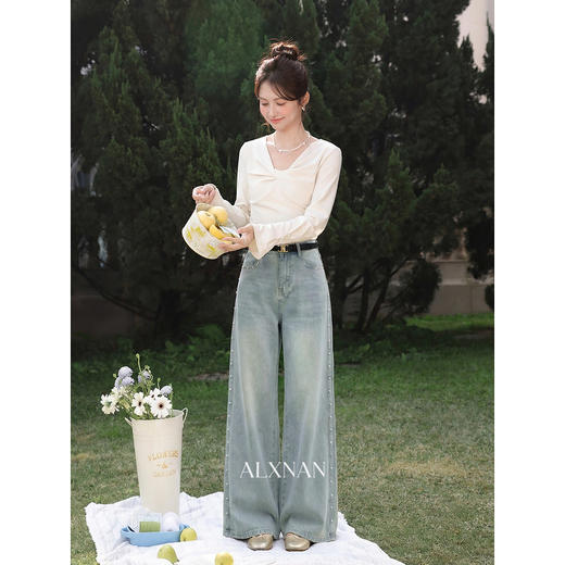 鹿向南「晨露微风」蓝色牛仔裤春季新款时尚百搭设计感宽松长裤女 商品图2