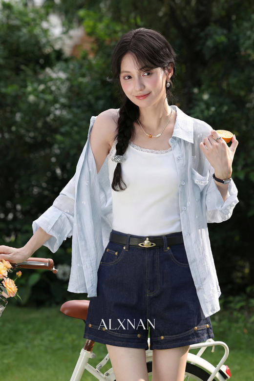 鹿向南「塞纳左岸」复古蓝色杜高腰短款牛仔裤女春季宽松休闲裤子 商品图5