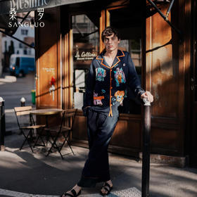 桑罗魔法小狗涂鸦印花藏青色简约男士家居服桑蚕丝