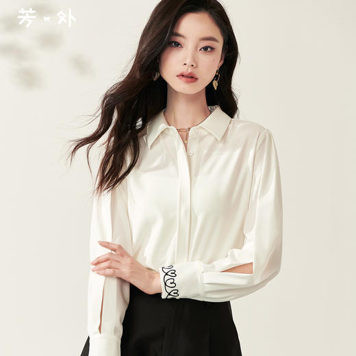 剩 米思阳新款气质职业镂空袖衬衣宽松白色翻领衬衫上衣女8T23AC0214 商品图0