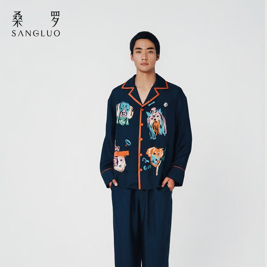 桑罗魔法小狗涂鸦印花藏青色简约男士家居服桑蚕丝 商品图5