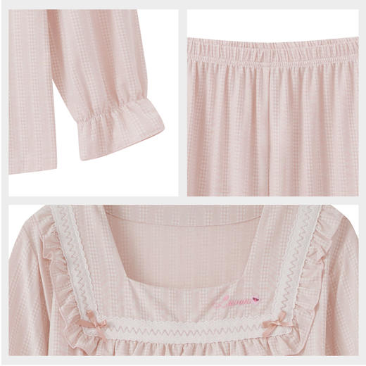 【7.5折限时特惠】【秀黛】女方领针织长袖套装细腻糯滑坠感亲肤双色格纹提花领口花边浅豆绿春夏女睡衣家居服W1551004T【门店同款】 商品图4