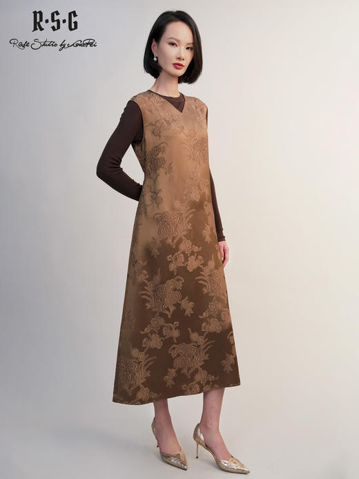 郭培成衣RSG「棕调暗纹」无袖长款连衣裙 商品图3