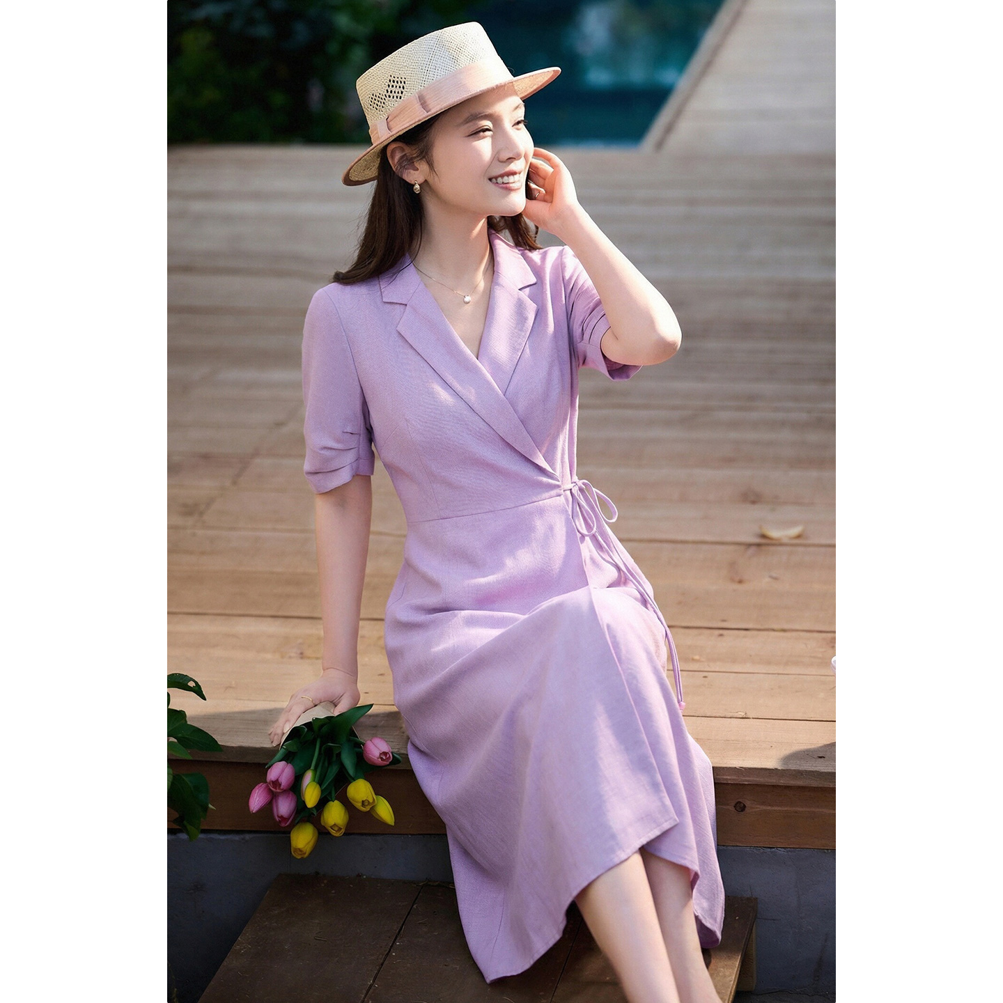 米思阳2026春新款通勤优雅修身连衣裙西装领系带收腰a字裙1018