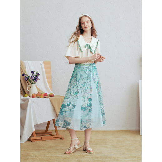 两三事梵高文艺月光废墟2026春新款印花荷叶边刺绣翻领绑带衬衫女 商品图2