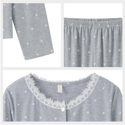 【7.5折限时特惠】【秀黛】女圆领针织提花杯垫长袖套装亲肤垂坠蕾丝波点少女感女士春秋睡衣家居服W1551019T【门店同款】 商品图4