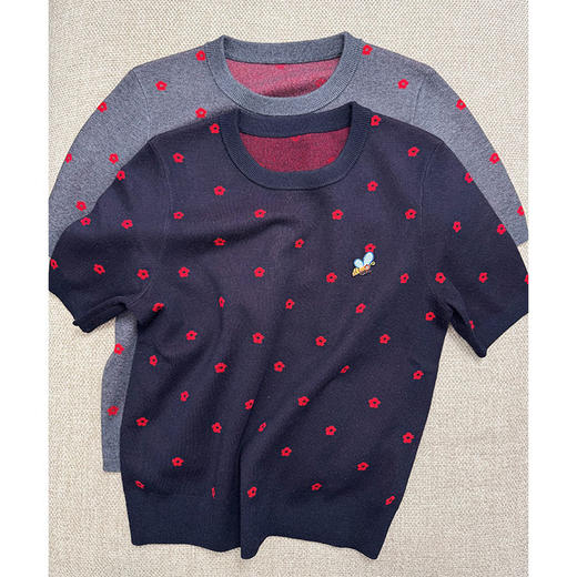 那些花儿 小禾同款羊毛混纺 圆领针织短袖T 蜜蜂刺绣宽松版型 双面织法 克重重磅 商品图5