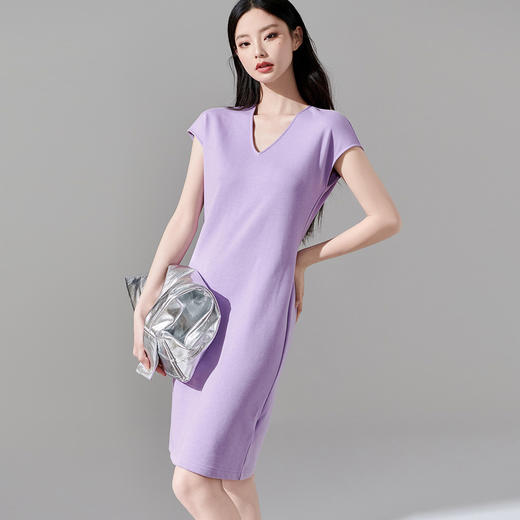 剩S/M/XL 芳外春季新款知性优雅紫色连衣裙气质v领收腰显瘦中长裙0034 商品图1