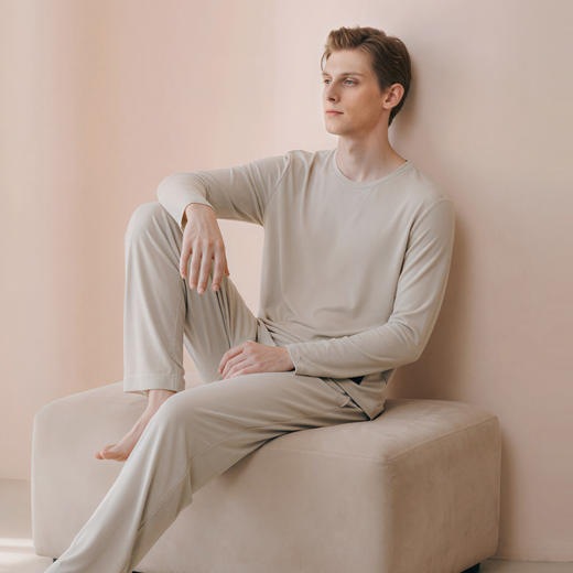 Solo seta男士纯色长袖长裤睡衣套装莫代尔桑蚕丝内搭春夏家居服 商品图3