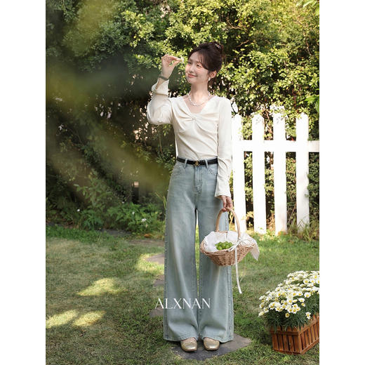 鹿向南「晨露微风」蓝色牛仔裤春季新款时尚百搭设计感宽松长裤女 商品图4