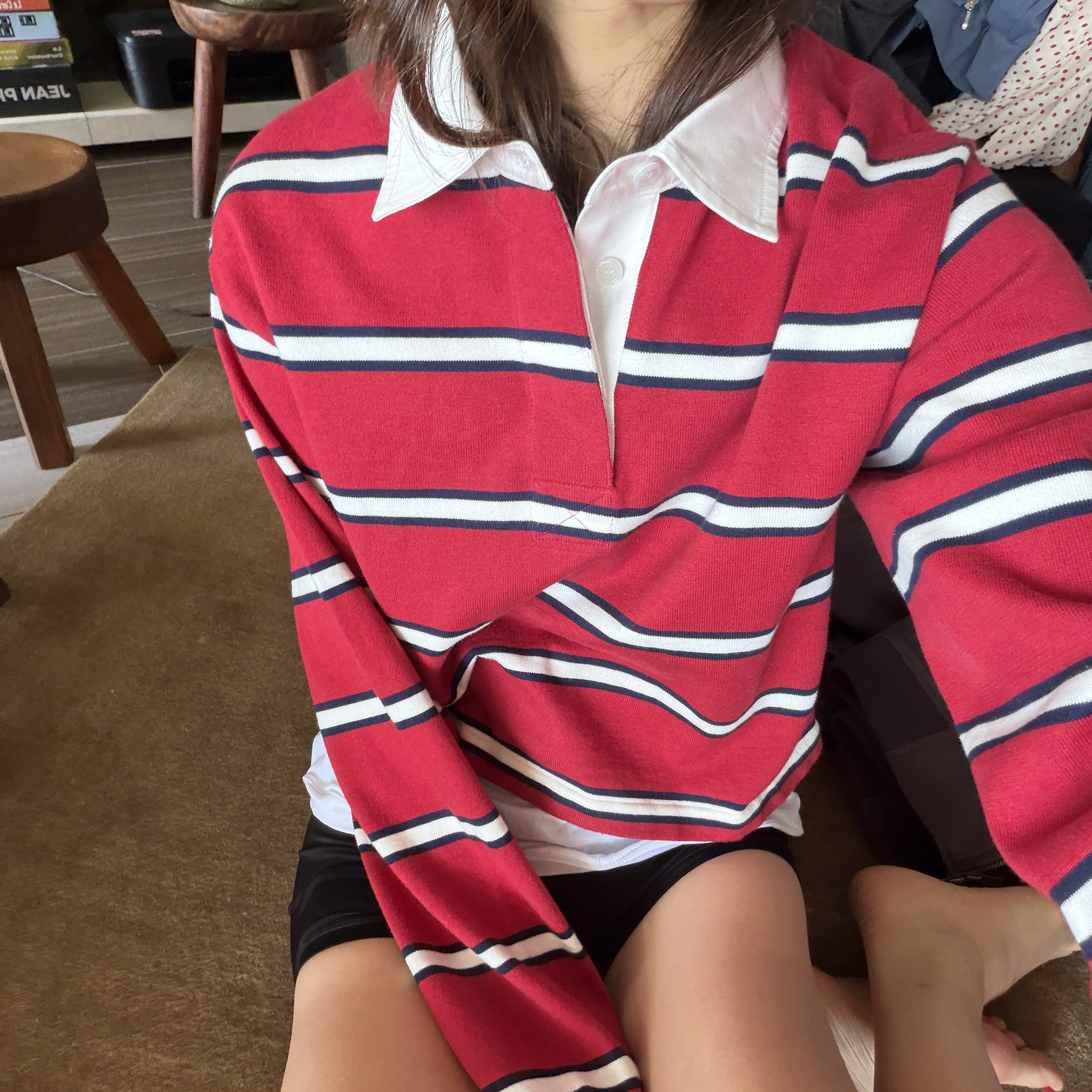 ROMI STUDIO“美式氛围”红白撞色条纹全棉长袖针织上衣RWDSS92031