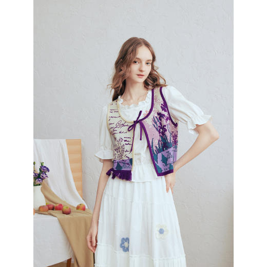 两三事温柔生长2026春季新款法式油画图案流苏拼接绑带针织开衫女 商品图1