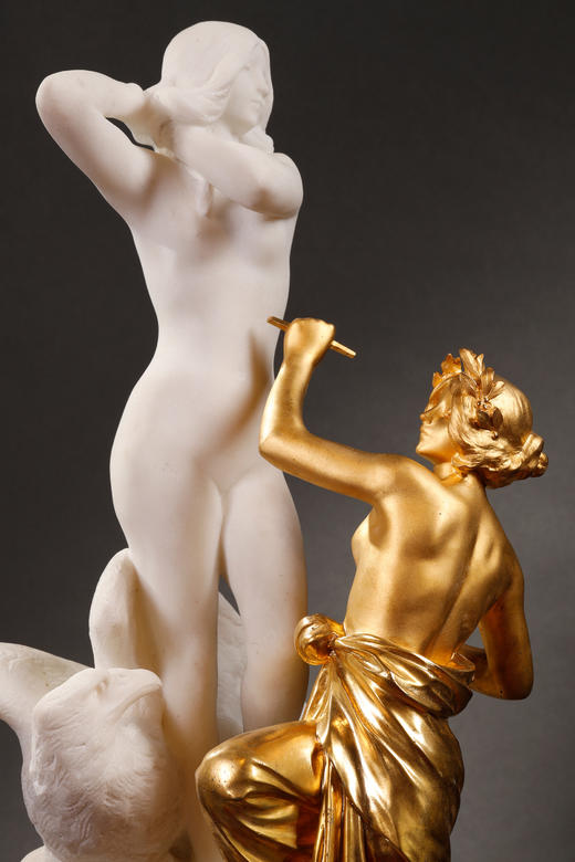 独角鹿西洋古董1850-1870年代法国拿破仑三世时期出品铜鎏金大理石群雕作品《雕塑的寓言》 商品图7