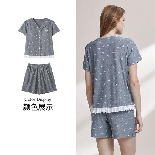 【7.5折限时特惠】【秀黛】女开扣杯垫针织提花短袖套装提花亲肤透气蝴蝶结蕾丝木耳边甜美休闲女士夏季睡衣家居服W2551048T【门店同款】 商品图3