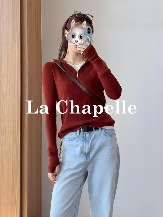 专柜实拍【柔软绵羊毛】拉夏贝尔/La Chapelle复古明艳港风！氛围感连帽半拉链撞色假两件软糯质感针织衫★ 商品图0