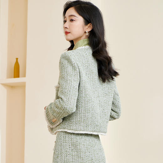 剩XXL 米思阳2026秋季新款优雅淑女小香风短外套减龄绿色单排扣上衣3223 商品图2