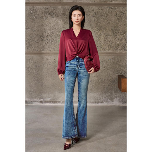 剩M/L 酒红V领衬衫+高腰马蹄裤套装5Y25CG5073 商品图1