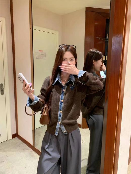 F031215针织拼接牛仔衬衫翻领假两件开衫短款外套 商品图3