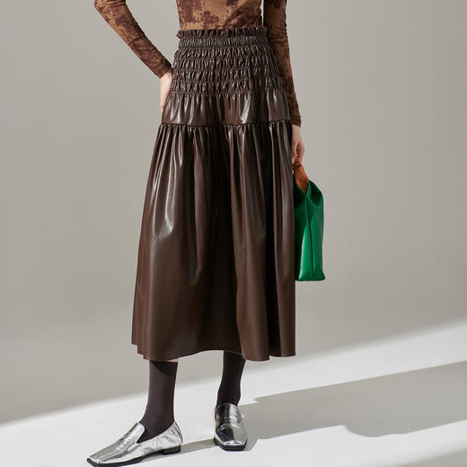 剩XL 芳外新款复古高腰显瘦半身裙松紧褶皱PU皮气质裙子女8I24AI0213 商品图1