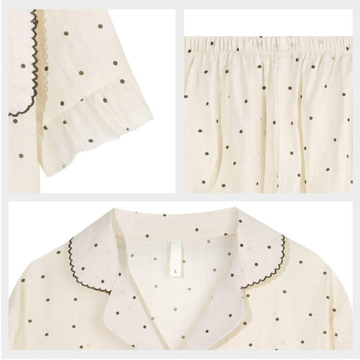 【7.5折限时特惠】【秀黛】女翻领印花短袖套装元气棉透气亲肤小波点印花复古刺绣木耳边浪漫甜美女夏季睡衣家居服W2551055T【门店同款】 商品图4