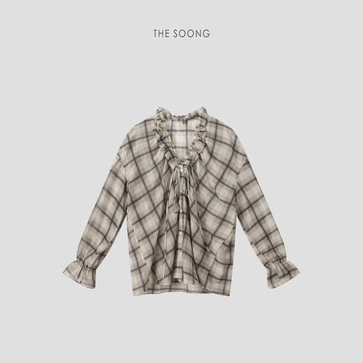 THESOONG26春款新品"渐色格纹"桑蚕丝棉柔软木耳领格子衬衫HWCS8667 商品图0