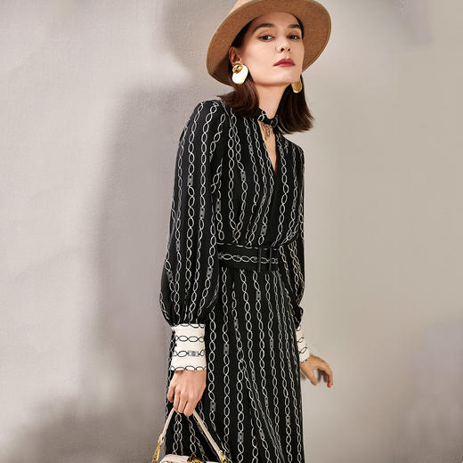 剩S 芳外春季新款潮流印花显瘦A字裙小心机V领袖口撞色连衣裙0105 商品图1