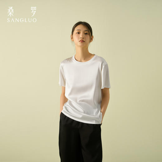 通勤百搭』桑罗圆领桑蚕丝短袖T恤纯色宽松舒适上衣女夏凉感亲肤 商品图3