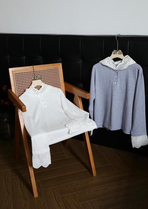 浪漫蕾丝 拼接宽松廓形花边帽假两件长袖T恤 商品图4