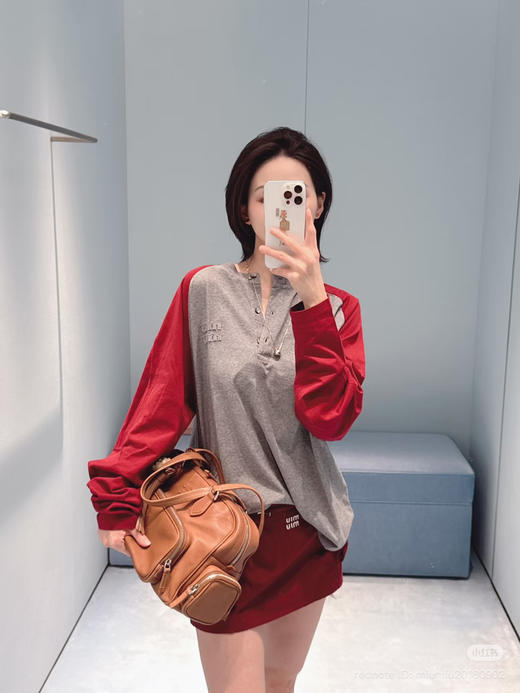 312-1 渠道货 miu休闲插肩袖 拼接色 蓝灰色短袖/红灰色长袖 商品图14