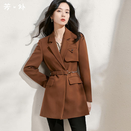 剩S 芳外新款通勤气质咖色女式西装拼接设计收腰直筒外套8T22AW0016 商品图0